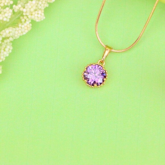 "Rose Gold Pendant with Round Purple Stone and Beaded Frame Accent, XPPT1608 - Picture 2 of 12